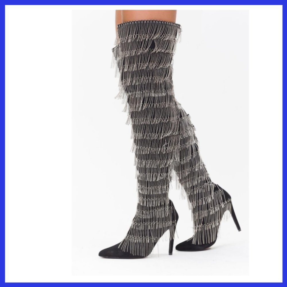 NWT Fringe Chain Suede Thigh High Boot
